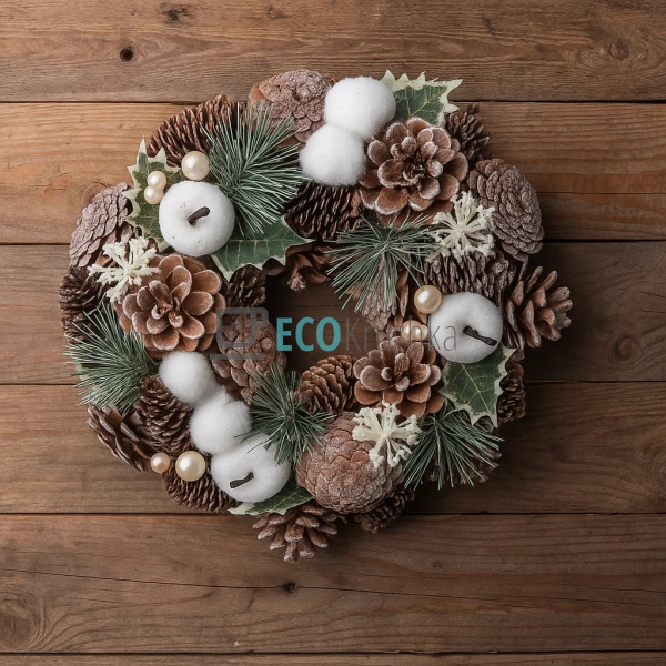 Новорічний вінок з шишок 25 см, білий, з декором із лист ... Новорічний вінок з шишок 25 см, білий, з декором із лист ...