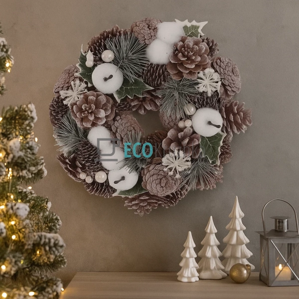 Новорічний вінок з шишок 25 см, білий, з декором із лист ... Новорічний вінок з шишок 25 см, білий, з декором із лист ...