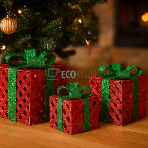 Набір декоративних подарунків з підсвічуванням червоний ... Набір декоративних подарунків з підсвічуванням червоний ...