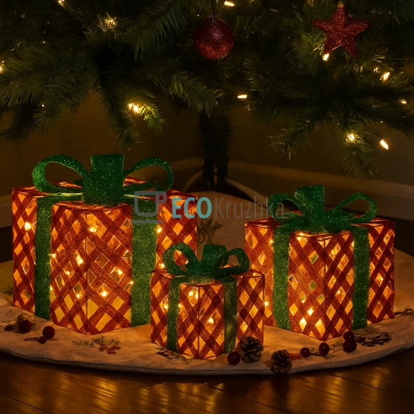 Набір декоративних подарунків з підсвічуванням червоний ... Набір декоративних подарунків з підсвічуванням червоний ...