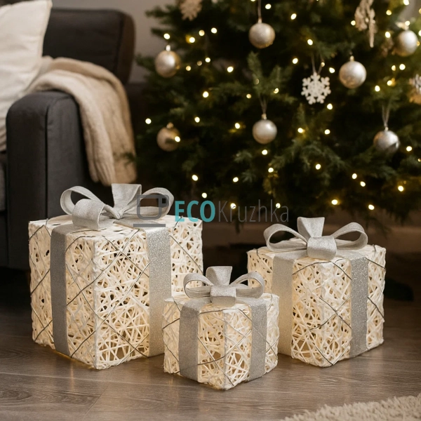 Набір декоративних подарунків з підсвічуванням білий зі ... Набір декоративних подарунків з підсвічуванням білий зі ...