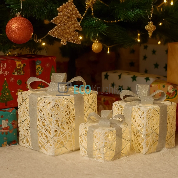 Набір декоративних подарунків з підсвічуванням білий зі ... Набір декоративних подарунків з підсвічуванням білий зі ...