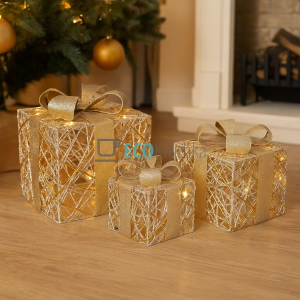 Набір декоративних подарунків з підсвічуванням світле зо ... Набір декоративних подарунків з підсвічуванням світле зо ...
