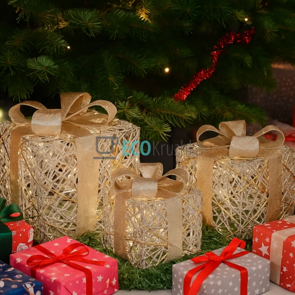 Набір декоративних подарунків з підсвічуванням світле зо ... Набір декоративних подарунків з підсвічуванням світле зо ...