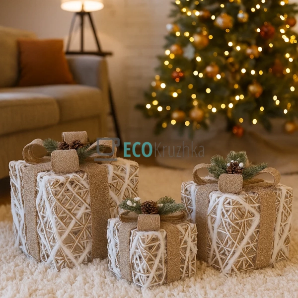 Набір декоративних подарунків з підсвічуванням білий з б ... Набір декоративних подарунків з підсвічуванням білий з б ...