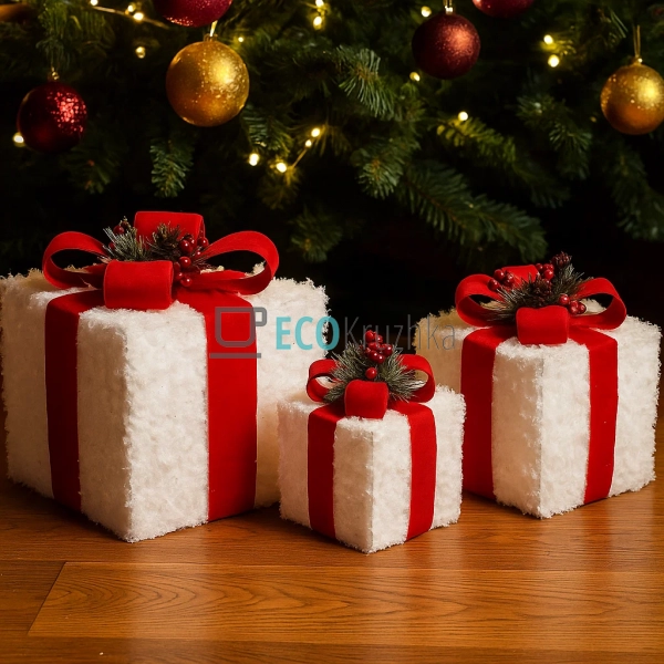 Набір декоративних подарунків з підсвічуванням білий з ч ... Набір декоративних подарунків з підсвічуванням білий з ч ...