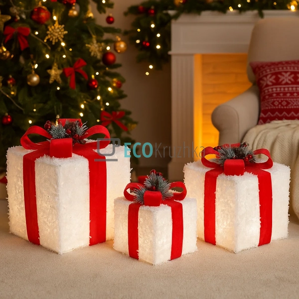 Набір декоративних подарунків з підсвічуванням білий з ч ... Набір декоративних подарунків з підсвічуванням білий з ч ...