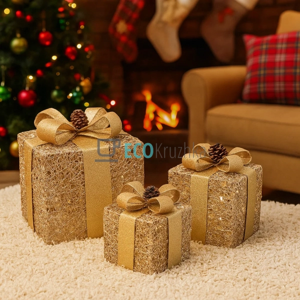 Набір декоративних подарунків з підсвічуванням золото 3 ... Набір декоративних подарунків з підсвічуванням золото 3 ...