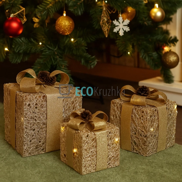 Набір декоративних подарунків з підсвічуванням золото 3 ... Набір декоративних подарунків з підсвічуванням золото 3 ...