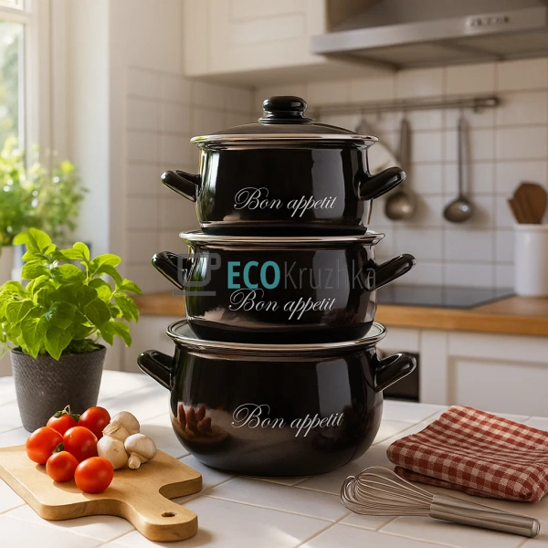 Набір із трьох емальованих кастрюль Interos EK2234А Набір із трьох емальованих кастрюль Interos EK2234А