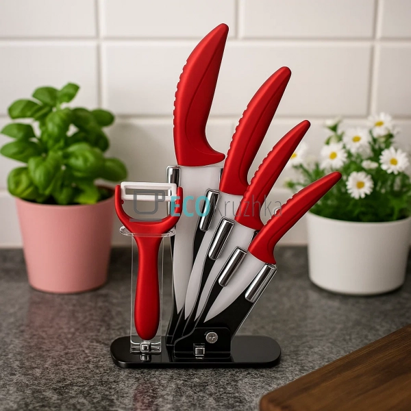 Набір керамічних ножів на підставці 6 предметів Червоний ... Набір керамічних ножів на підставці 6 предметів Червоний ...