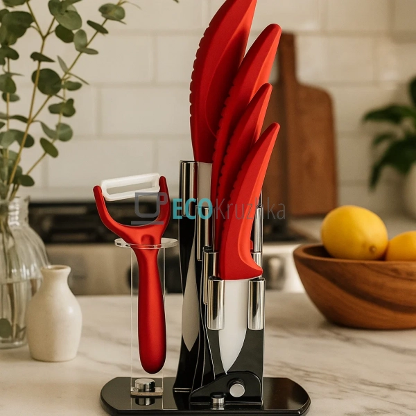 Набір керамічних ножів на підставці 6 предметів Червоний ... Набір керамічних ножів на підставці 6 предметів Червоний ...