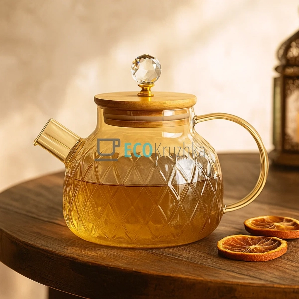 Чайник скляний 1л заварювальний з металевим фільтром Зол ...