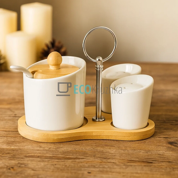 Набір для спецій (2 шт.) та цукорниця з ложкою на бамбук ... Набір для спецій (2 шт.) та цукорниця з ложкою на бамбук ...