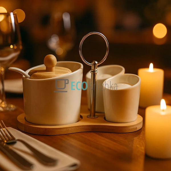 Набір для спецій (2 шт.) та цукорниця з ложкою на бамбук ... Набір для спецій (2 шт.) та цукорниця з ложкою на бамбук ...