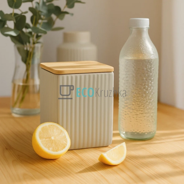 Керамічна банка Scandi Beige з бамбуковою кришкою (900 м ... Керамічна банка Scandi Beige з бамбуковою кришкою (900 м ...