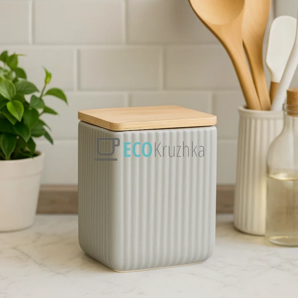 Керамічна банка Scandi Grey з бамбуковою кришкою (900 мл ... Керамічна банка Scandi Grey з бамбуковою кришкою (900 мл ...