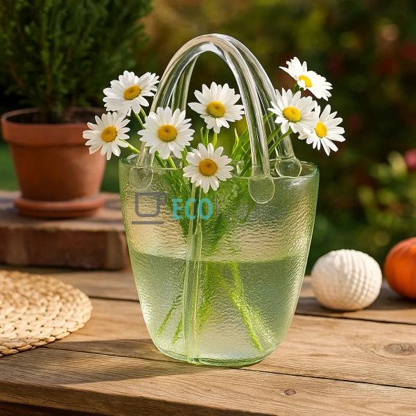 Скляна ваза-сумочка зеленого кольору, 19.5×7.3×29 см (99 ... Скляна ваза-сумочка зеленого кольору, 19.5×7.3×29 см (99 ...