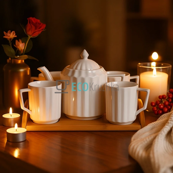 Чайний фарфоровий набір на бамбуковому підносі: чайник 9 ... Чайний фарфоровий набір на бамбуковому підносі: чайник 9 ...