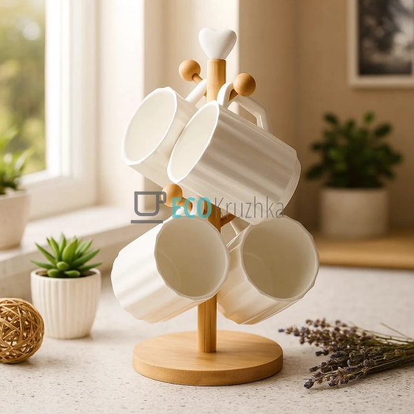 Набір (4шт) фарфорових кухлів 300мл на бамбуковій підста ... Набір (4шт) фарфорових кухлів 300мл на бамбуковій підста ...