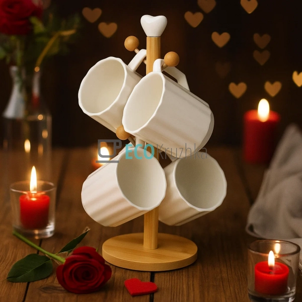 Набір (4шт) фарфорових кухлів 300мл на бамбуковій підста ... Набір (4шт) фарфорових кухлів 300мл на бамбуковій підста ...