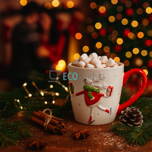 Кружка керамічна "Олень з подарунком", 470 мл, біла з че ... Кружка керамічна "Олень з подарунком", 470 мл, біла з че ...