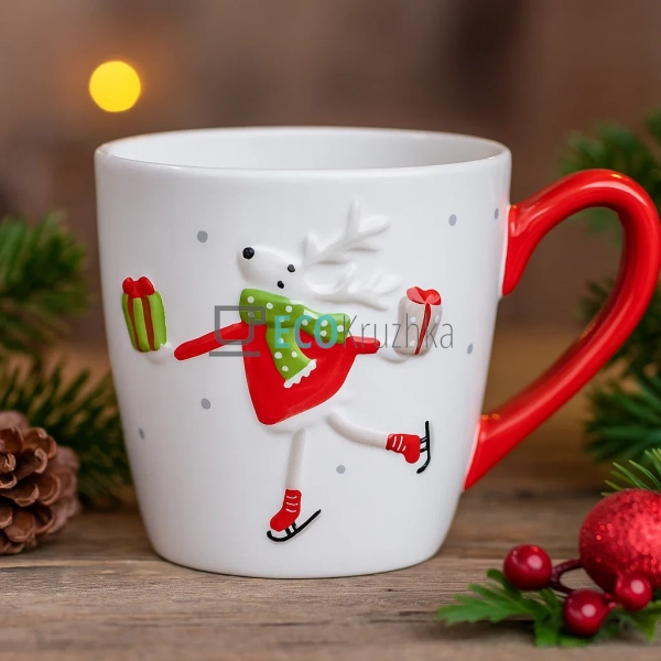 Кружка керамічна "Олень з подарунком", 470 мл, біла з че ... Кружка керамічна "Олень з подарунком", 470 мл, біла з че ...