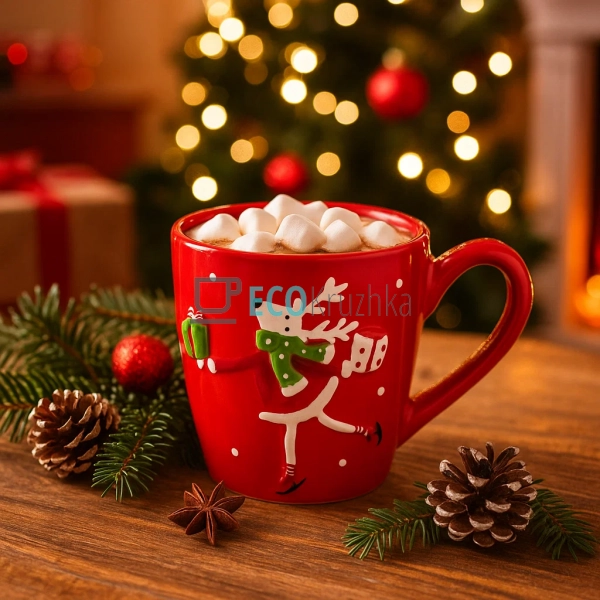 Кружка керамічна "Олень з подарунком", 470 мл, червона ( ... Кружка керамічна "Олень з подарунком", 470 мл, червона ( ...
