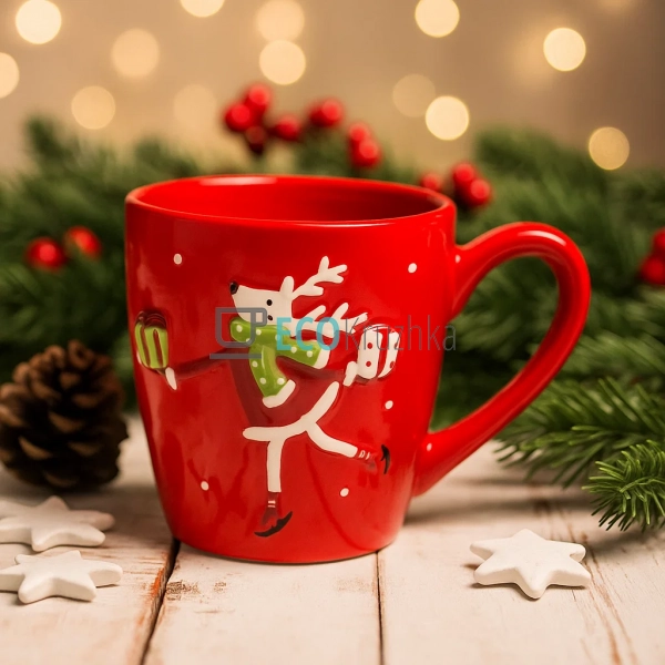 Кружка керамічна "Олень з подарунком", 470 мл, червона ( ... Кружка керамічна "Олень з подарунком", 470 мл, червона ( ...