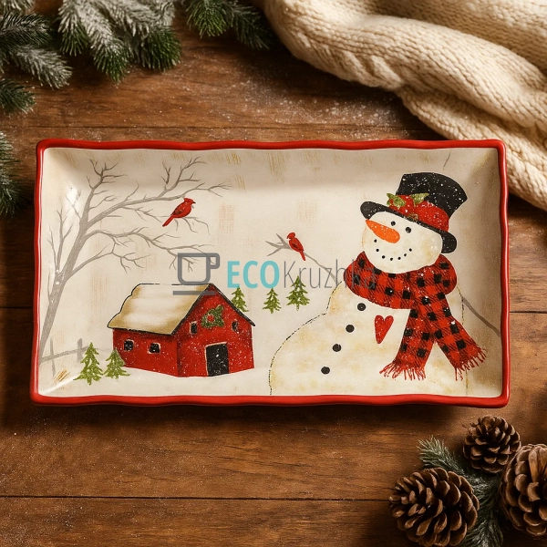 Керамічне прямокутне блюдо 38×23×4,3 см «Веселий Снігови ... Керамічне прямокутне блюдо 38×23×4,3 см «Веселий Снігови ...