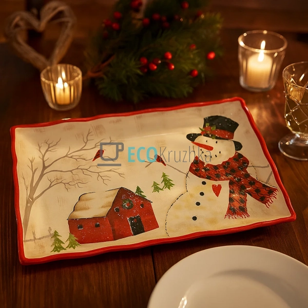 Керамічне прямокутне блюдо 38×23×4,3 см «Веселий Снігови ... Керамічне прямокутне блюдо 38×23×4,3 см «Веселий Снігови ...