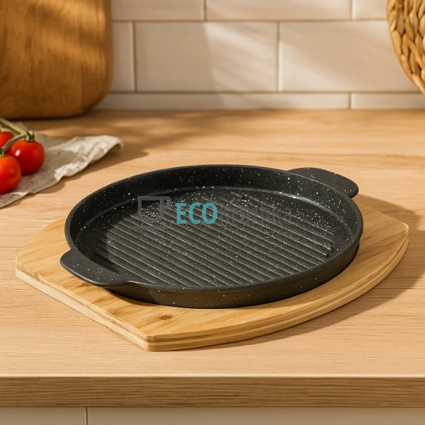 Чавунна сковорода-гриль 22x1,8 см на дерев Чавунна сковорода-гриль 22x1,8 см на дерев