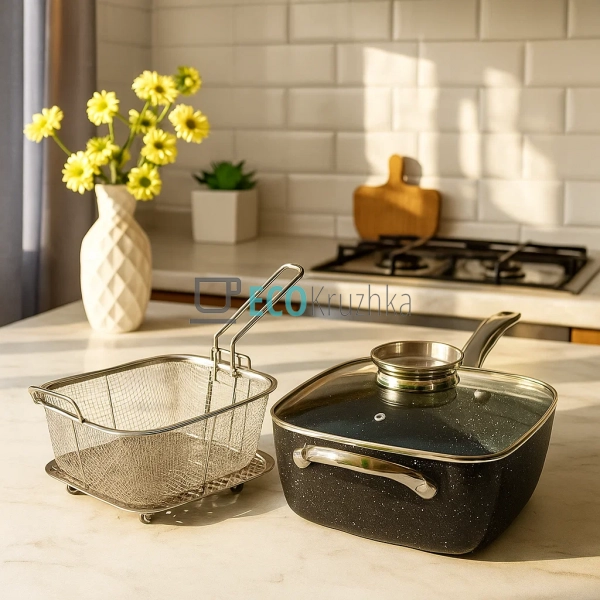 Жаровня-пароварка-фритюрниця квадратна з мармуровим покр ...