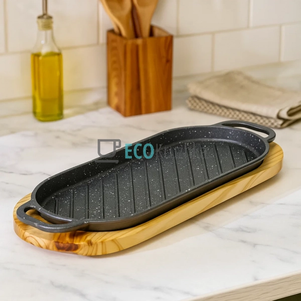 Чавунна сковорода-гриль 37.8 x 16.6 x 2 см на дерев Чавунна сковорода-гриль 37.8 x 16.6 x 2 см на дерев