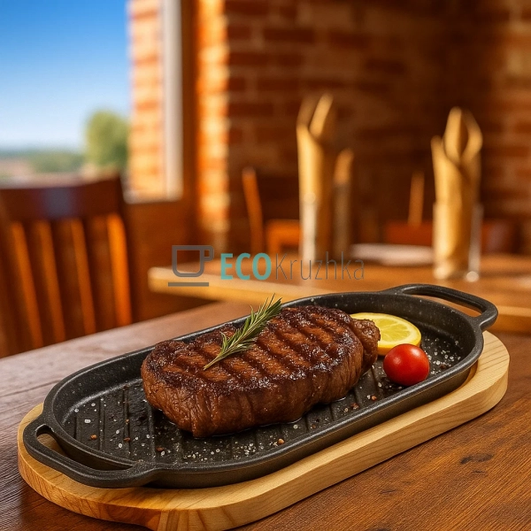 Чавунна сковорода-гриль 37.8 x 16.6 x 2 см на дерев Чавунна сковорода-гриль 37.8 x 16.6 x 2 см на дерев