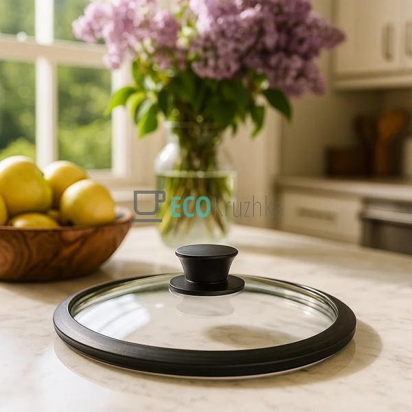 Кришка 18 см скляна з силіконовим обідком та ручкою FRU- ...