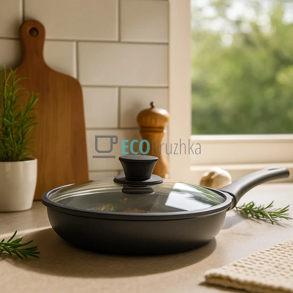 Кришка 24 см скляна з силіконовим обідком та ручкою FRU- ...