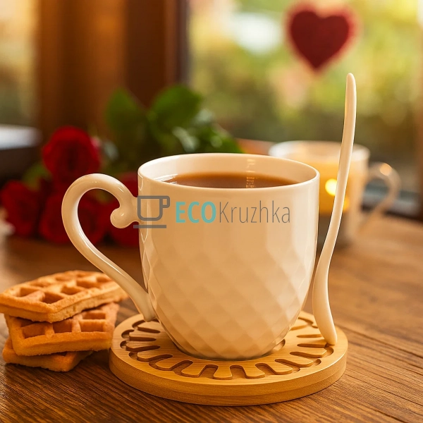 Чашка 300 мл із ложкой на бамбуковій підставці PJ03383 Чашка 300 мл із ложкой на бамбуковій підставці PJ03383