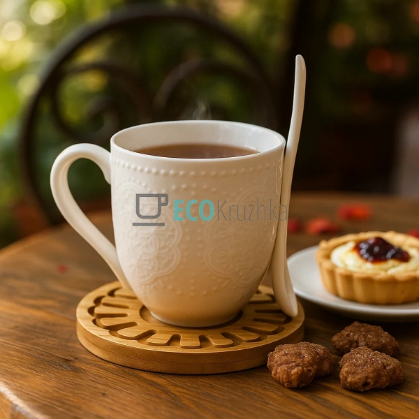 Чашка 300 мл із ложкой на бамбуковій підставці PJ03384 Чашка 300 мл із ложкой на бамбуковій підставці PJ03384