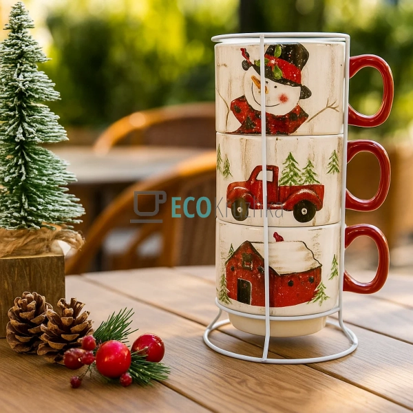 Набір кухлів 3 шт із металевою підставкою 400 мл «Весели ... Набір кухлів 3 шт із металевою підставкою 400 мл «Весели ...