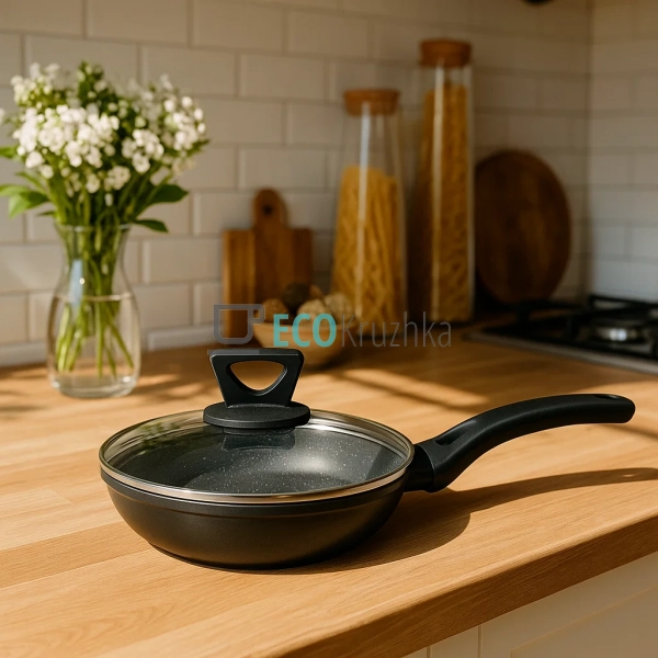 Сковорода 18 см (0.7 л) з кришкою та мармуровим покриття ... Сковорода 18 см (0.7 л) з кришкою та мармуровим покриття ...