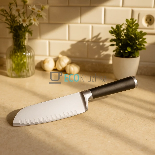 Ніж Сантоку з нержавіючої сталі, лезо 16 см, ергономічна ... Ніж Сантоку з нержавіючої сталі, лезо 16 см, ергономічна ...