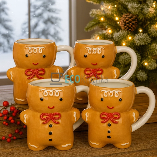 Набір керамічних кухлів 4 шт «Пряниковий чоловічок» 330  ...