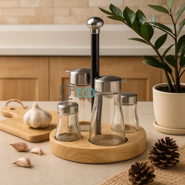 Набір для спецій, олія, оцет на деряній підставці 21х16 ... Набір для спецій, олія, оцет на деряній підставці 21х16 ...