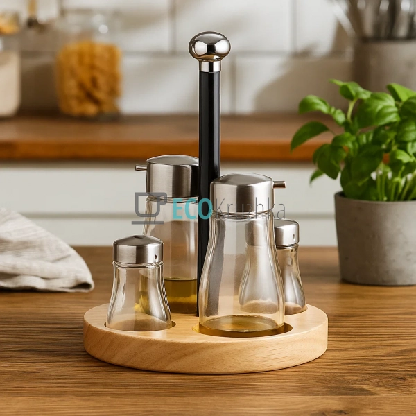 Набір для спецій, олія, оцет на деряній підставці 21х16 ... Набір для спецій, олія, оцет на деряній підставці 21х16 ...