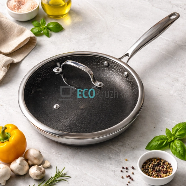 Сковорода 24 см нержавіюча професійна з кришкою HO_PE (2 ...