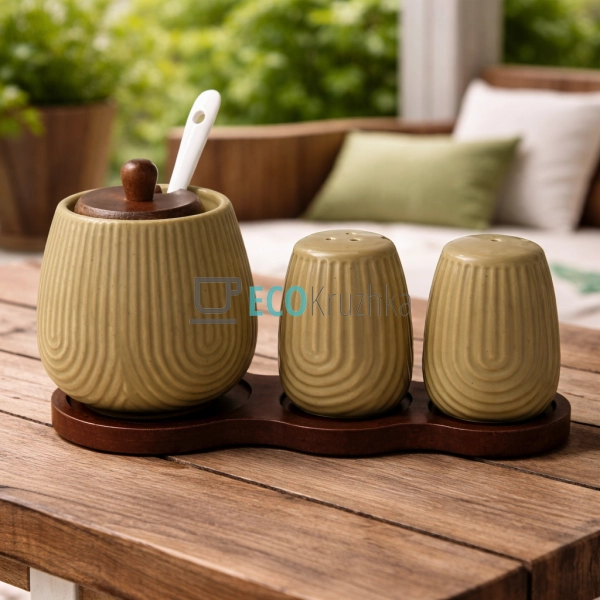 Набір на бамбуковій підставці три предмети (цукорниця, с ...