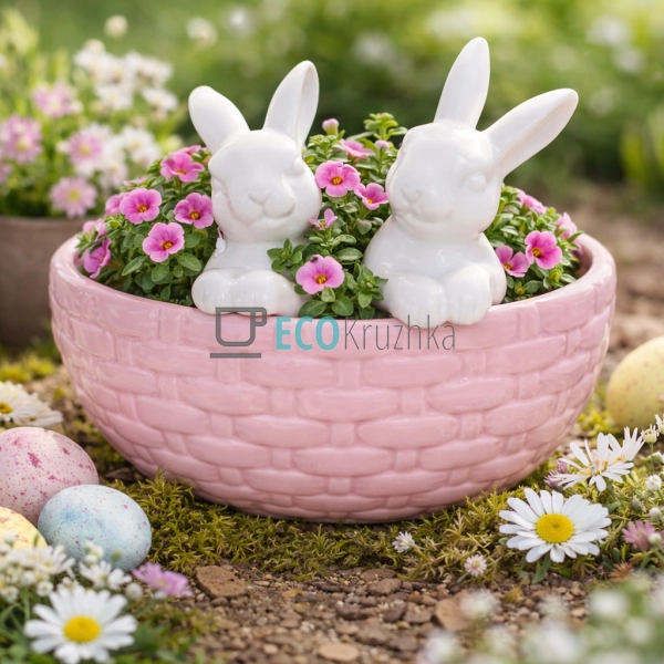Декоративне керамічне кашпо Кролики в кошику 21 см (733- ...