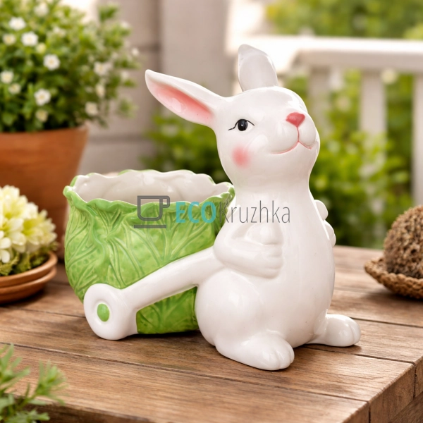 Керамічне кашпо Зайка з візком 20.5 х 12.5 х 18.5 см (92 ...