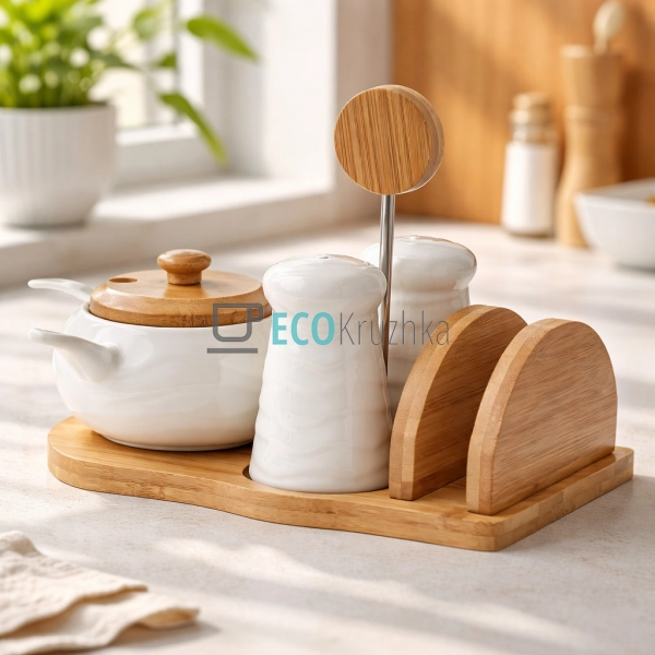 Набір на бамбуковій підставці чотири предмети ( цукорниц ...